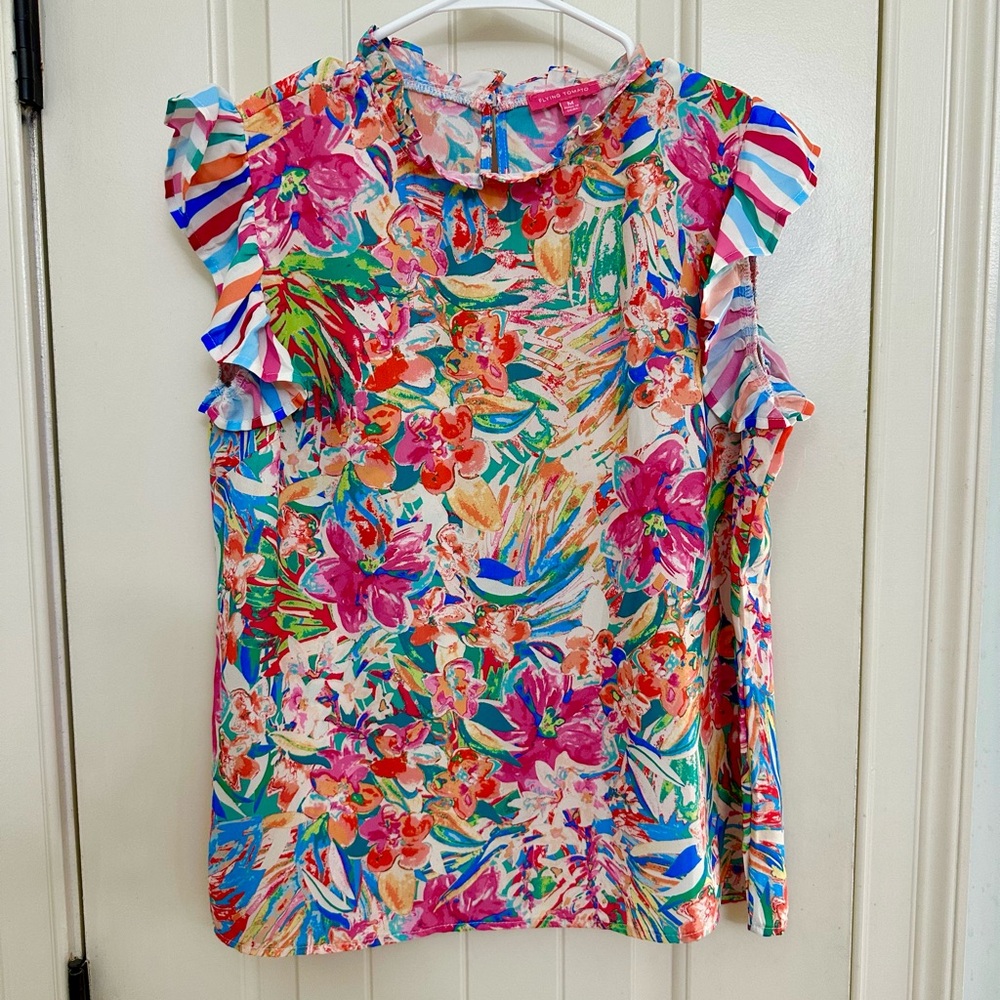 Floral Ruffle Sleeve Women's Top - Multicolor